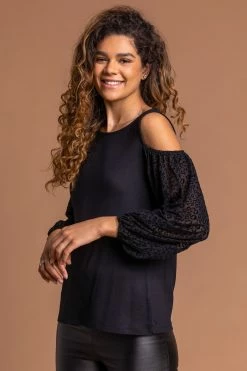 Roman Black Contrast Animal Mesh Cold Shoulder Top