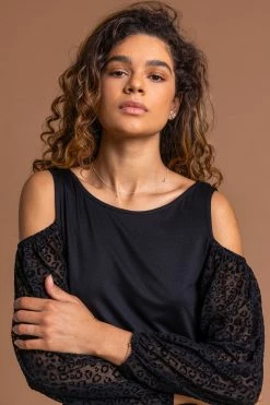 Roman Black Contrast Animal Mesh Cold Shoulder Top -Roman Sales Shop unnamed file 6838