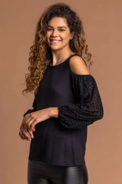 Roman Black Contrast Animal Mesh Cold Shoulder Top -Roman Sales Shop unnamed file 6839