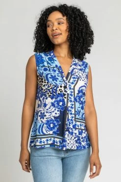 Roman Blue Petite Geo Floral Notch Neck Top