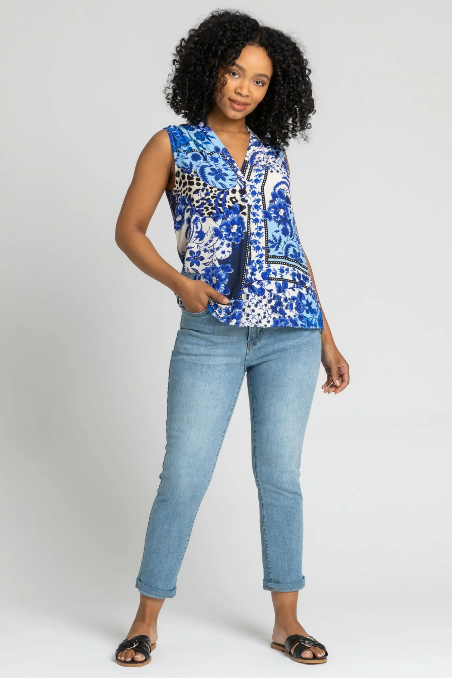 Roman Blue Petite Geo Floral Notch Neck Top 5 Roman Blue Petite Geo Floral Notch Neck Top - Image 3