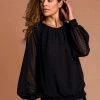 Roman Black Textured Spot Shirred Hem Top