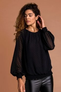 Roman Black Textured Spot Shirred Hem Top -Roman Sales Shop unnamed file 6860