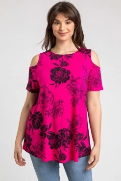 Roman Pink Curve Floral Print Cold Shoulder Jersey Top