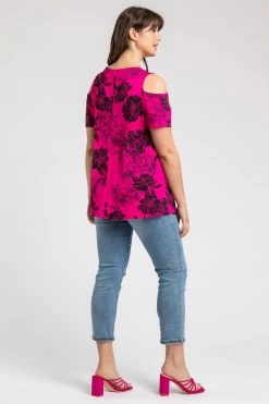 Roman Pink Curve Floral Print Cold Shoulder Jersey Top -Roman Sales Shop unnamed file 6868