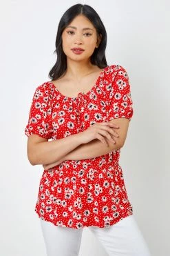 Roman Red Petite Floral Print Shirred Waist Top