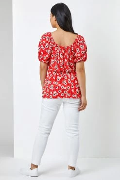 Roman Red Petite Floral Print Shirred Waist Top -Roman Sales Shop unnamed file 6872