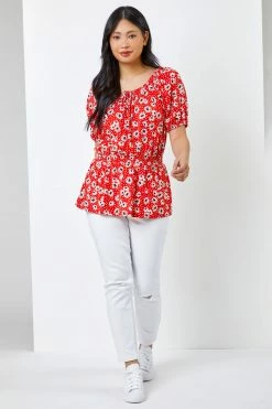 Roman Red Petite Floral Print Shirred Waist Top -Roman Sales Shop unnamed file 6873