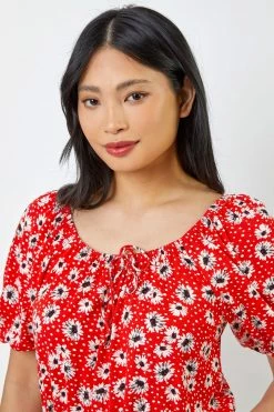 Roman Red Petite Floral Print Shirred Waist Top -Roman Sales Shop unnamed file 6874