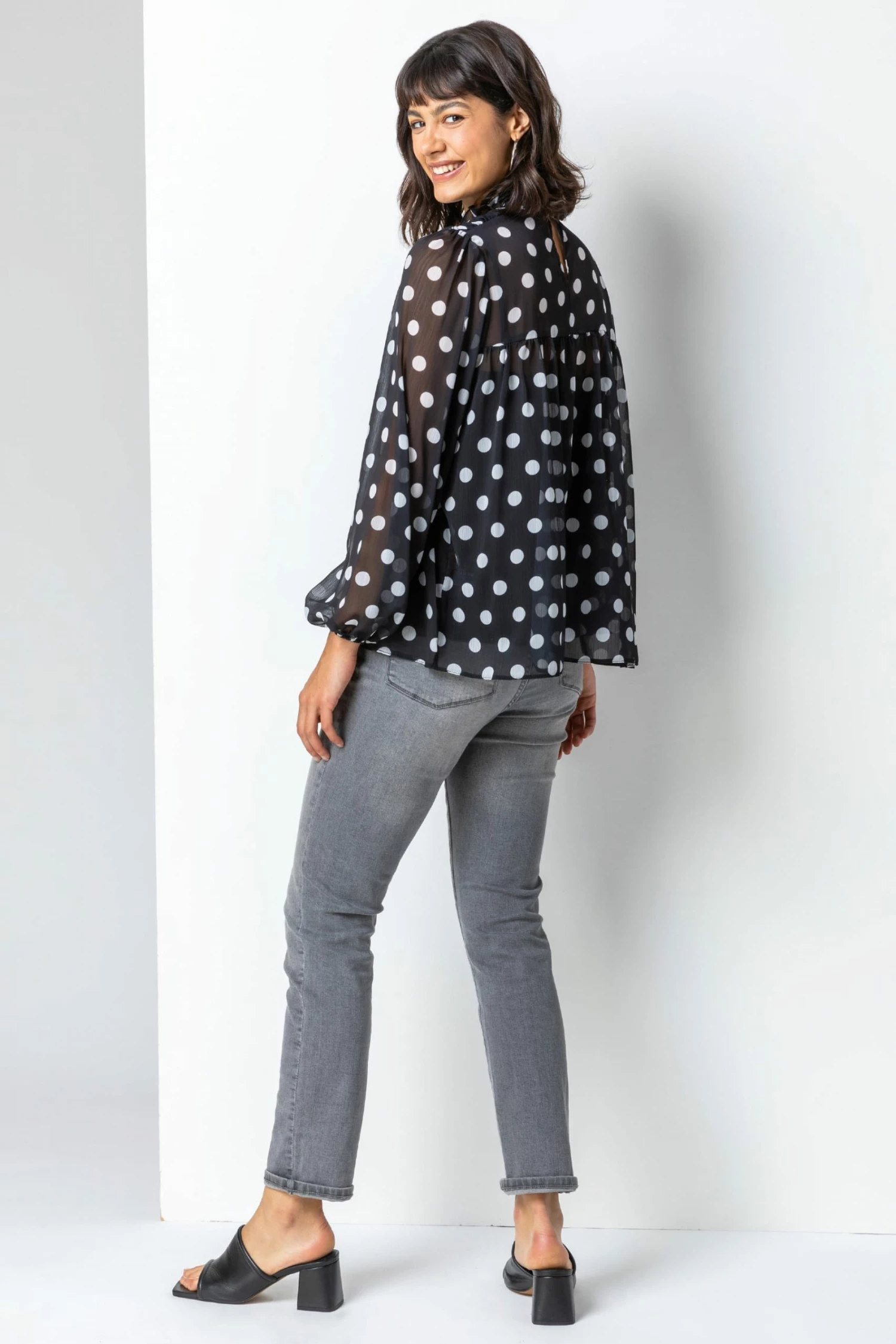 Roman Black Shirred High Neck Spot Top 4 Roman Black Shirred High Neck Spot Top - Image 2