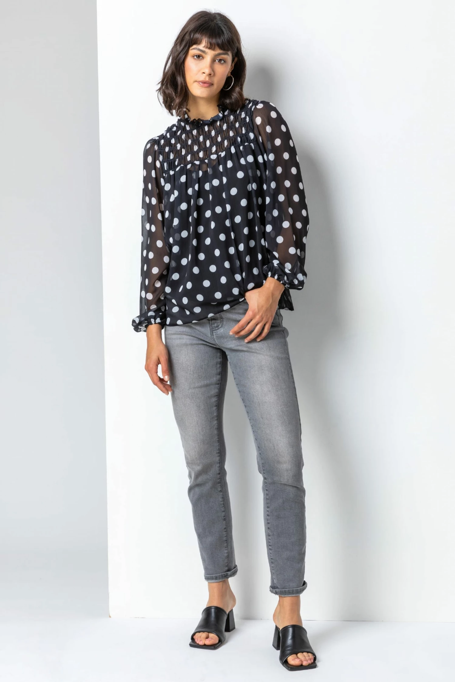 Roman Black Shirred High Neck Spot Top 5 Roman Black Shirred High Neck Spot Top - Image 3