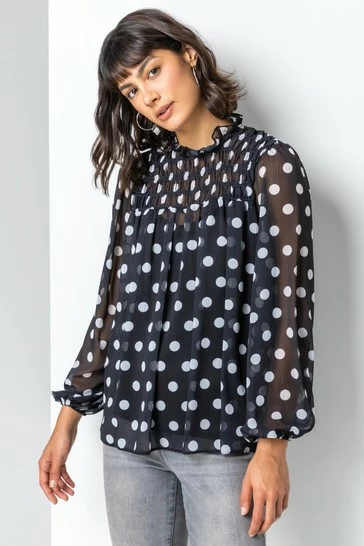 Roman Black Shirred High Neck Spot Top 7 Roman Black Shirred High Neck Spot Top - Image 5