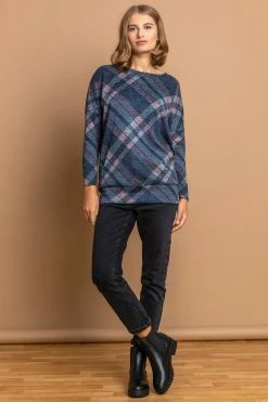Roman Blue Longline Check Print Blouson Top