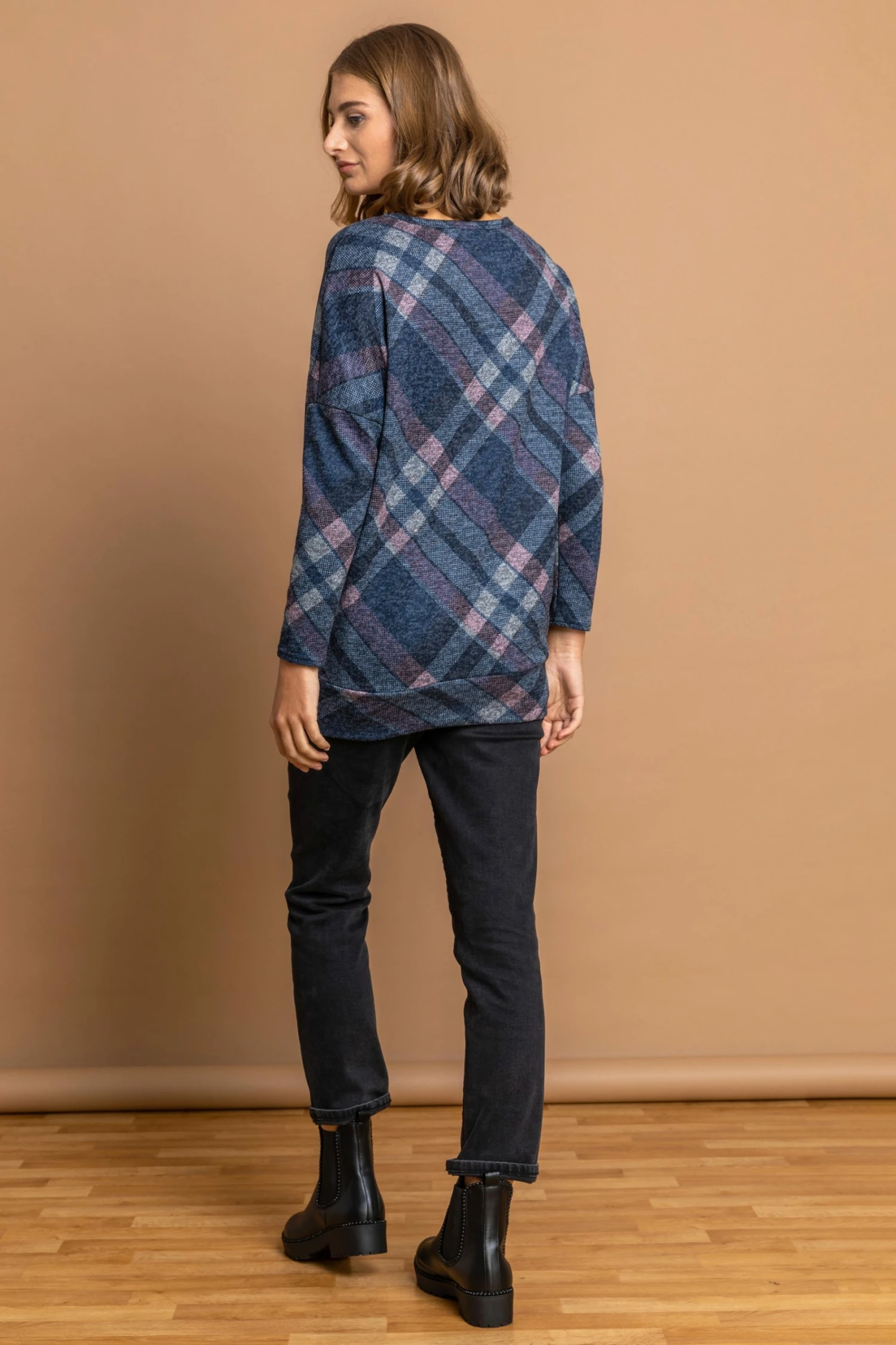Roman Blue Longline Check Print Blouson Top 4 Roman Blue Longline Check Print Blouson Top - Image 2