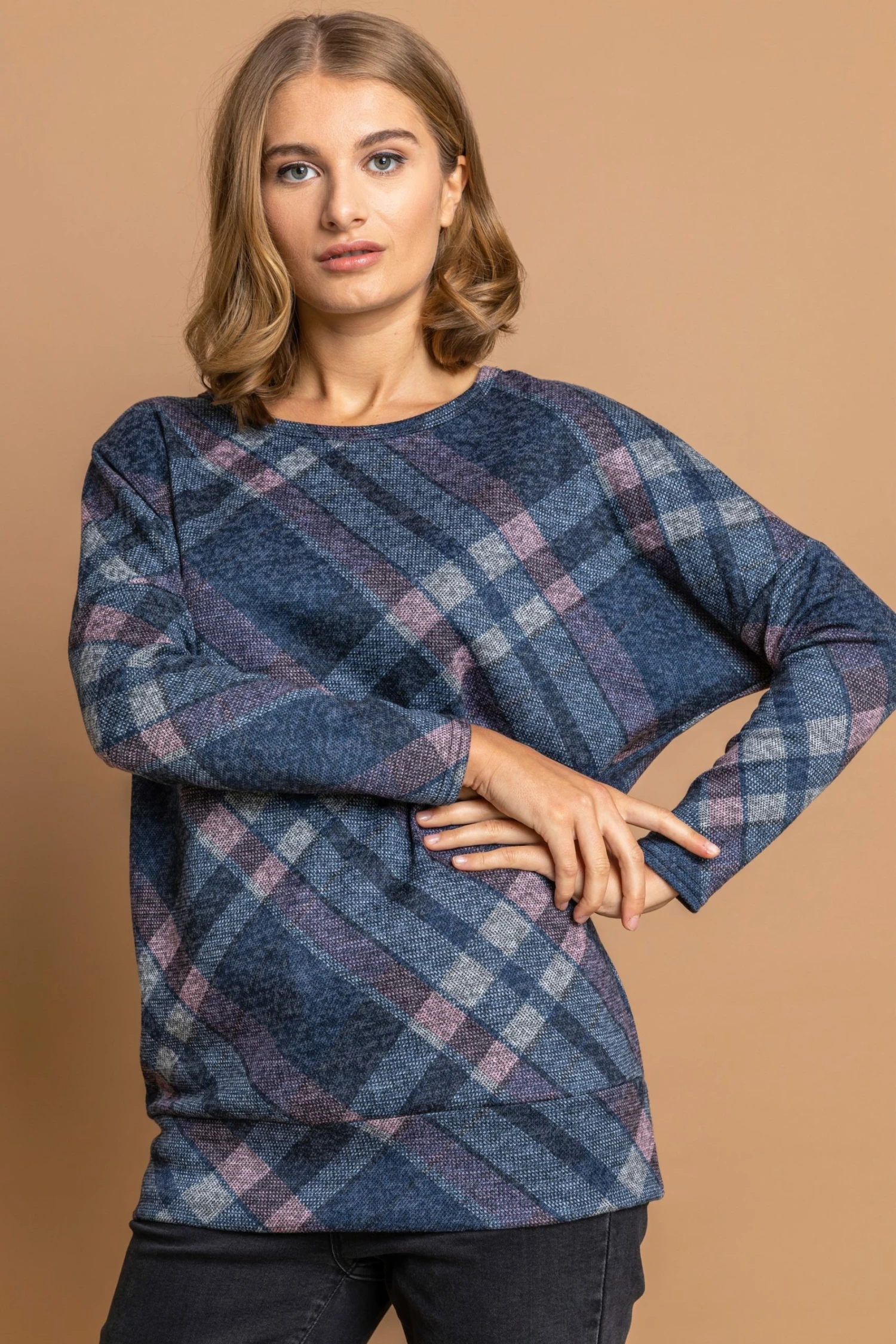 Roman Blue Longline Check Print Blouson Top 5 Roman Blue Longline Check Print Blouson Top - Image 3