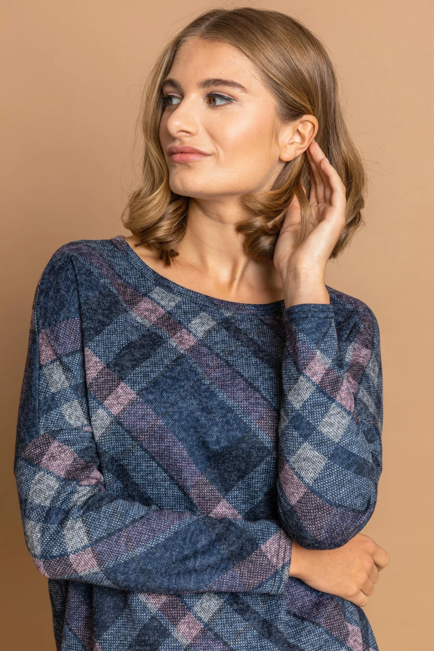 Roman Blue Longline Check Print Blouson Top 6 Roman Blue Longline Check Print Blouson Top - Image 4