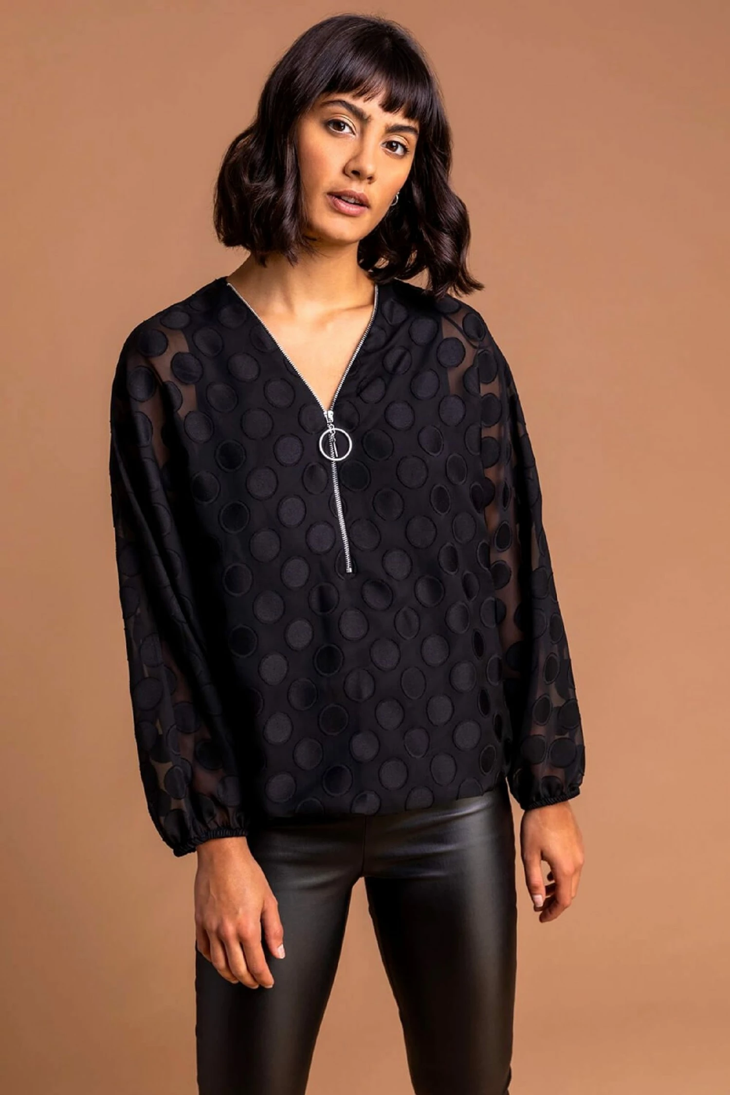 Roman Black Textured Spot Zip Detailed Top 3 Roman Black Textured Spot Zip Detailed Top