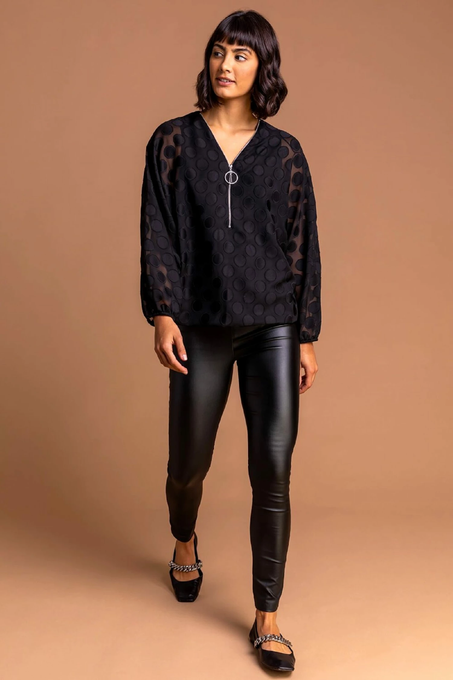 Roman Black Textured Spot Zip Detailed Top 4 Roman Black Textured Spot Zip Detailed Top - Image 2