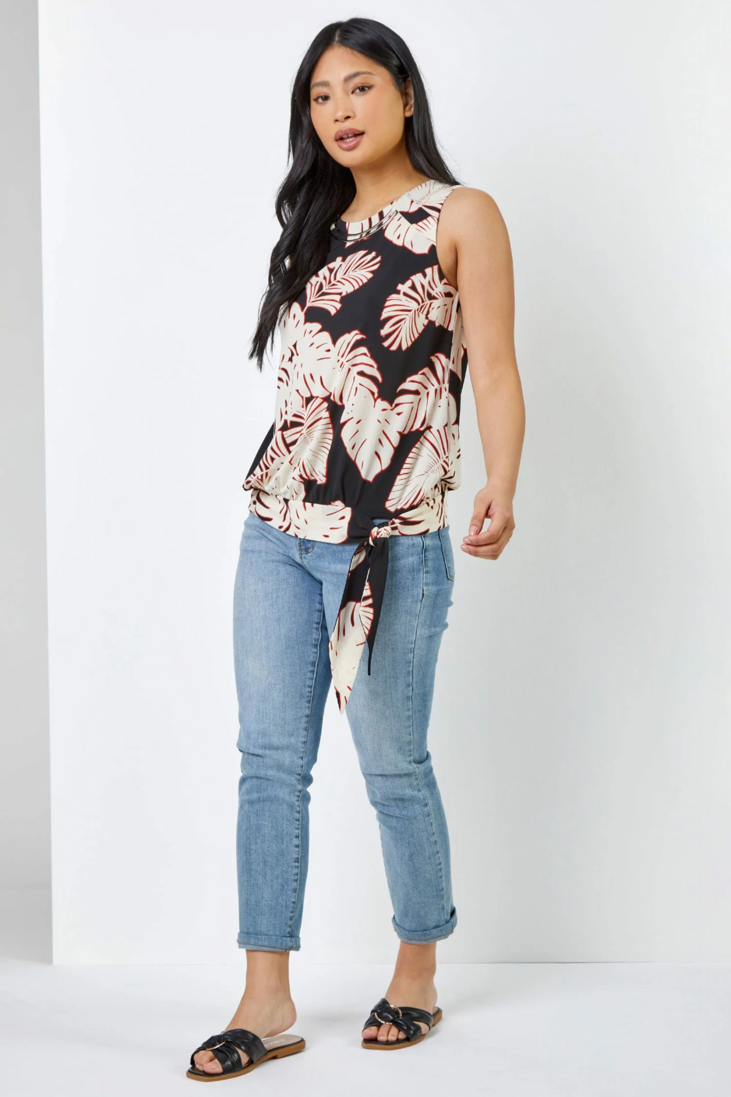 Roman Black & Pink Petite Tropical Print Necklace Detail Top 5 Roman Black & Pink Petite Tropical Print Necklace Detail Top - Image 3