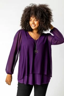 Roman Purple Curve Chiffon Top With Necklace