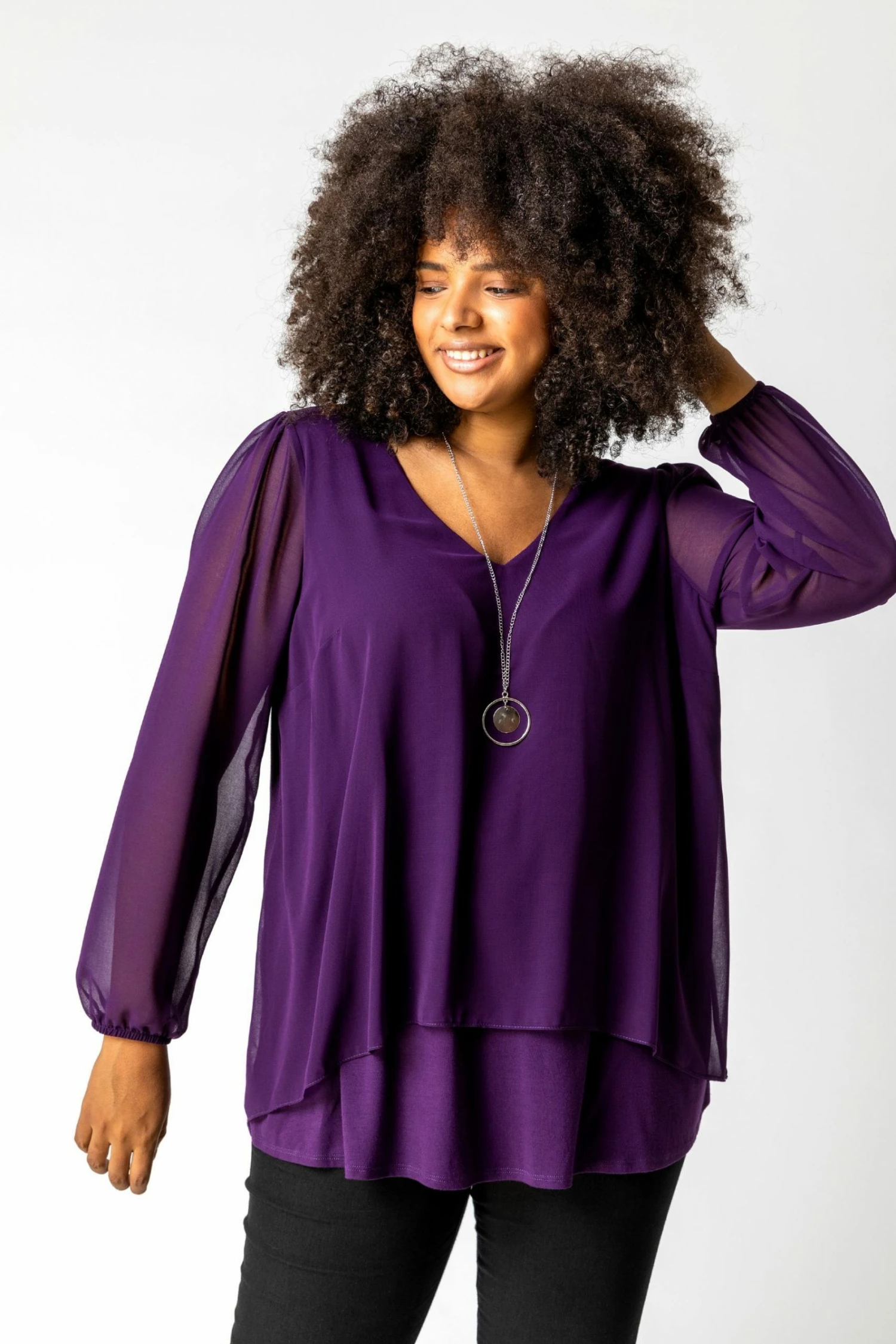 Roman Purple Curve Chiffon Top With Necklace 3 Roman Purple Curve Chiffon Top With Necklace