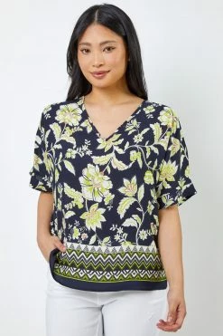 Roman Blue & Green Petite Floral Print Cold Shoulder Top