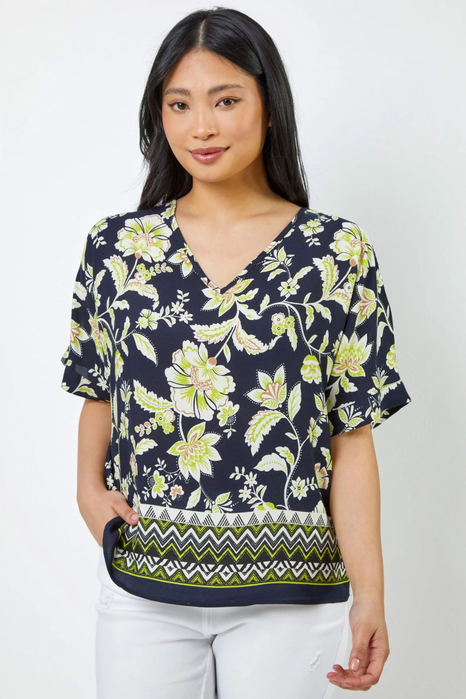 Roman Blue & Green Petite Floral Print Cold Shoulder Top 3 Roman Blue & Green Petite Floral Print Cold Shoulder Top