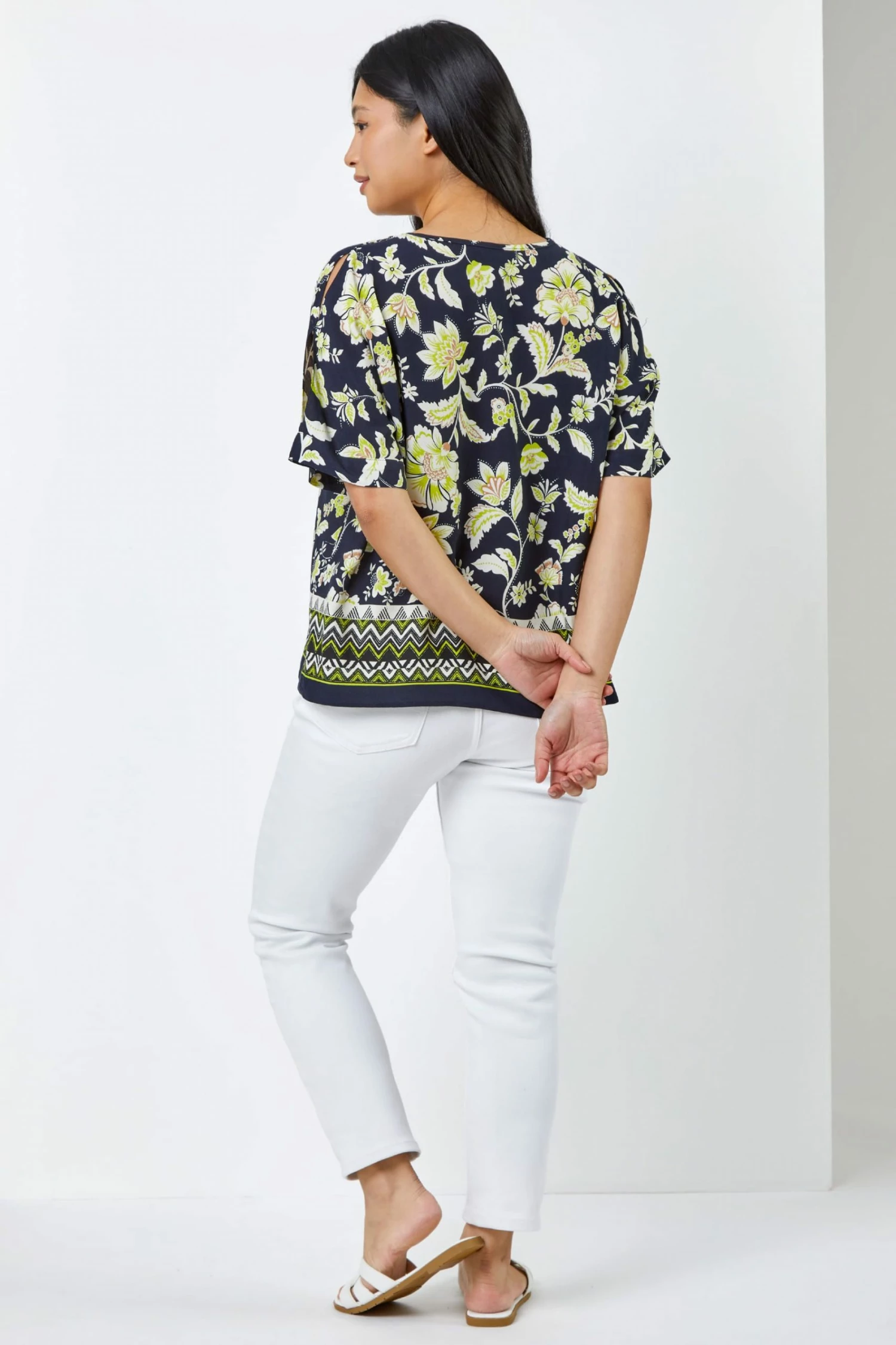 Roman Blue & Green Petite Floral Print Cold Shoulder Top 4 Roman Blue & Green Petite Floral Print Cold Shoulder Top - Image 2