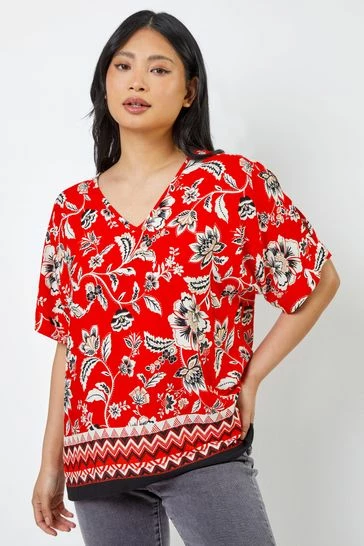 Roman Blue & Green Petite Floral Print Cold Shoulder Top 8 Roman Blue & Green Petite Floral Print Cold Shoulder Top - Image 6