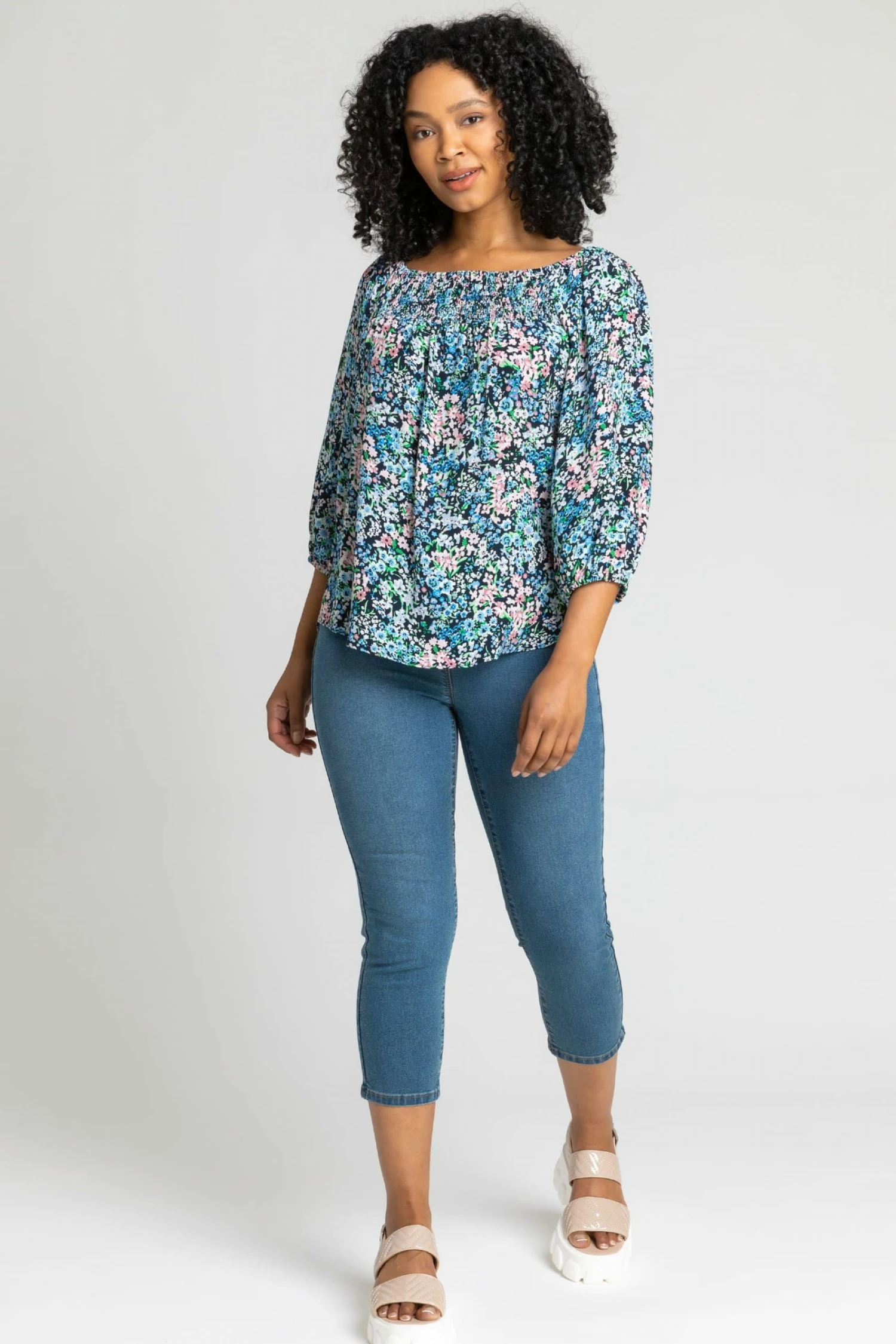 Roman Blue Petite Floral Print Bardot Top 5 Roman Blue Petite Floral Print Bardot Top - Image 3