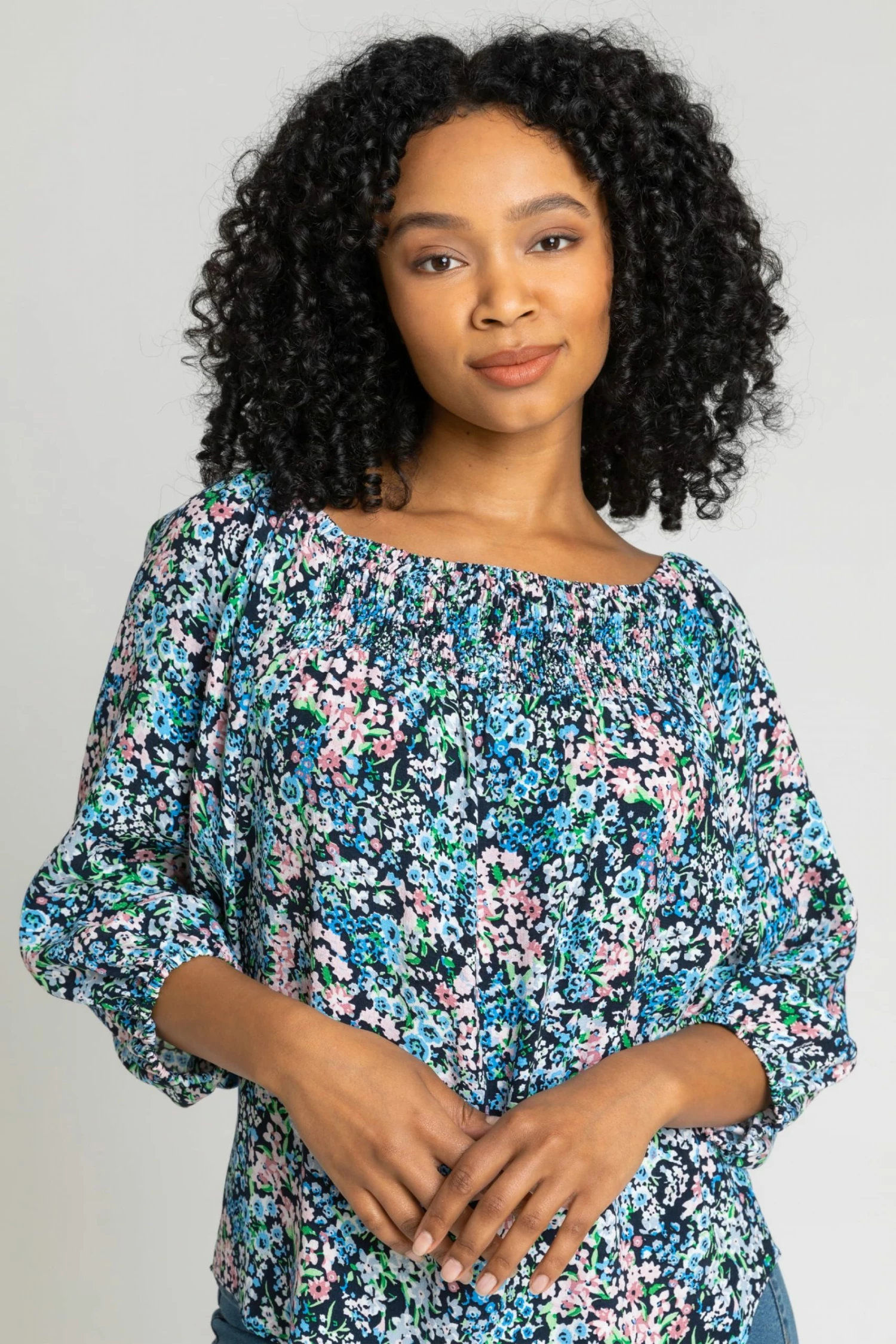 Roman Blue Petite Floral Print Bardot Top 6 Roman Blue Petite Floral Print Bardot Top - Image 4