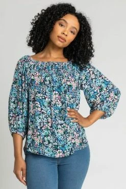 Roman Blue Petite Floral Print Bardot Top 12 Roman Blue Petite Floral Print Bardot Top -Roman Sales Shop unnamed file 6955