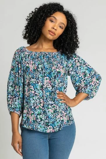 Roman Blue Petite Floral Print Bardot Top 7 Roman Blue Petite Floral Print Bardot Top - Image 5