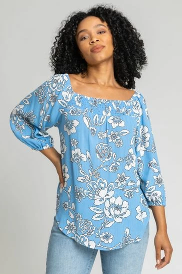Roman Blue Petite Floral Print Bardot Top 8 Roman Blue Petite Floral Print Bardot Top - Image 6