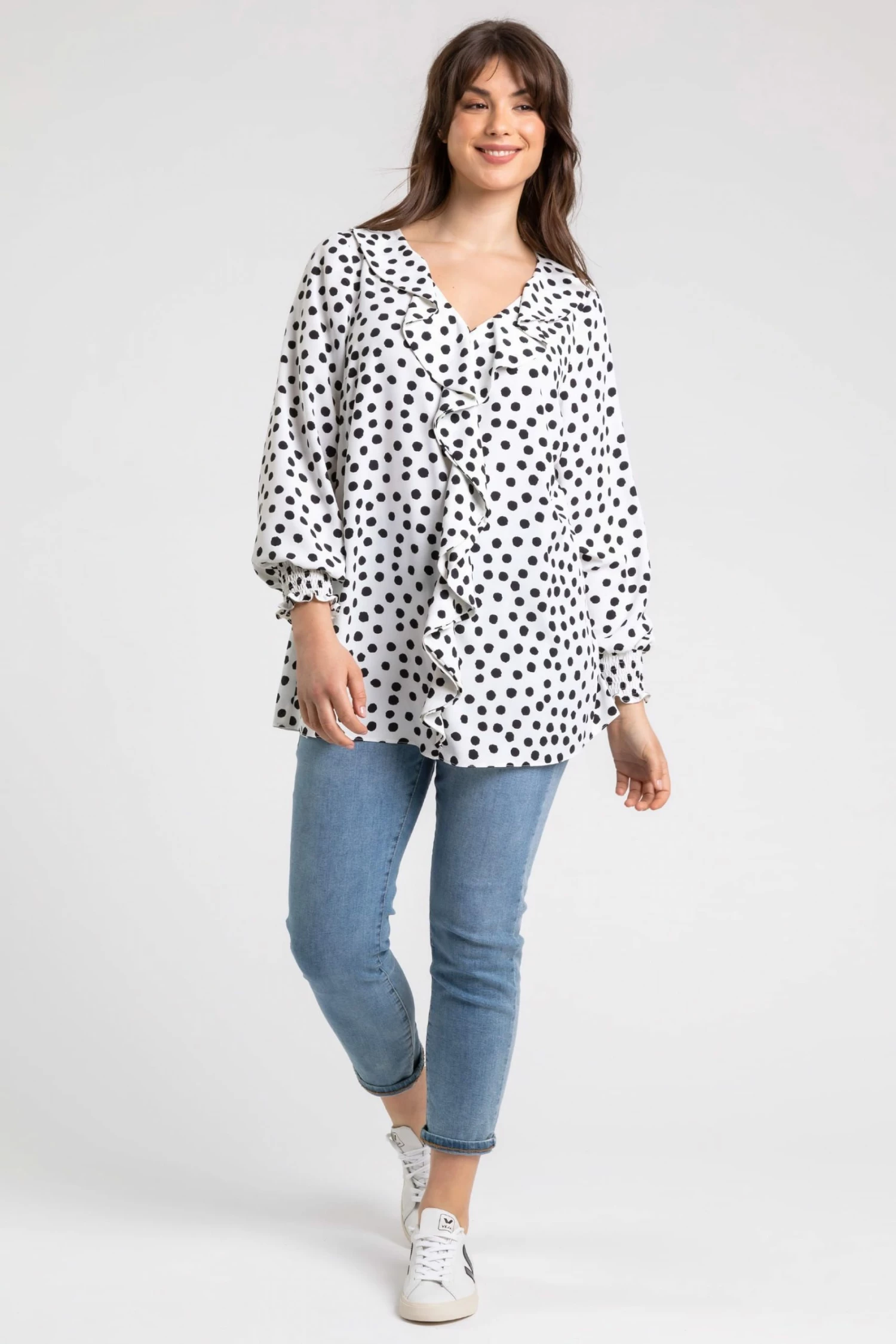 Roman White Curve Spot Print Frill Detail Top 4 Roman White Curve Spot Print Frill Detail Top - Image 2