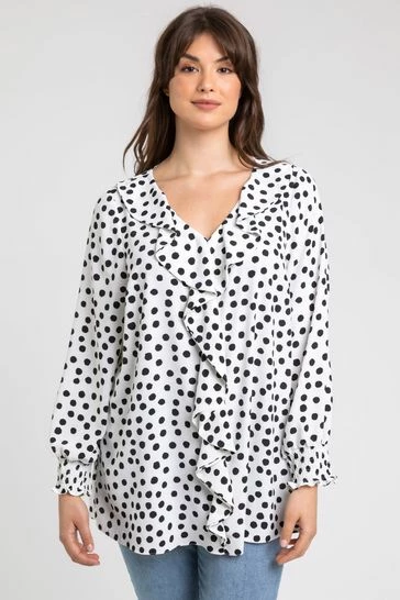 Roman White Curve Spot Print Frill Detail Top 7 Roman White Curve Spot Print Frill Detail Top - Image 5
