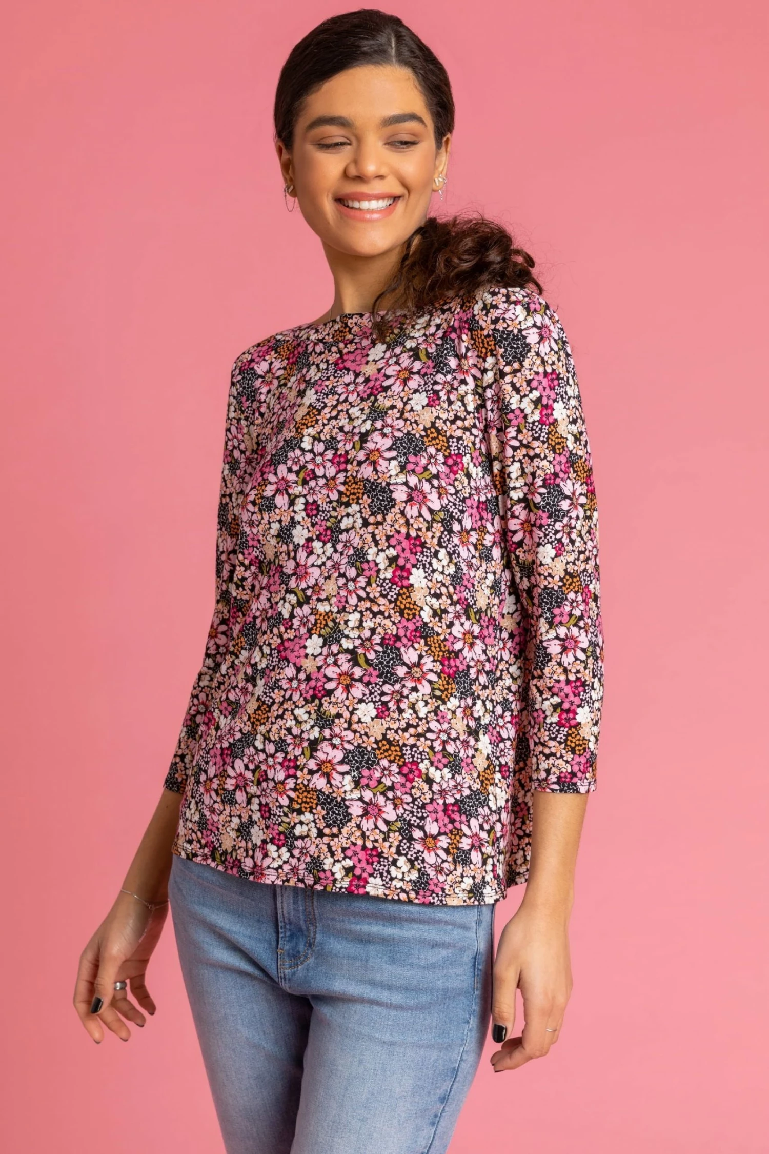 Roman Pink Ditsy Floral Print Jersey Top 3 Roman Pink Ditsy Floral Print Jersey Top