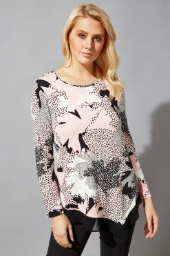 Roman Pink Abstract Chiffon Hem Asymmetric Top