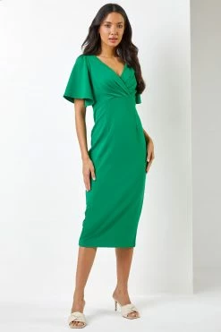 Roman Green Gathered Wrap Front Midi Dress -Roman Sales Shop unnamed file 698