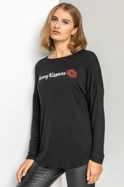 Roman Black Christmas Motif Jersey Top