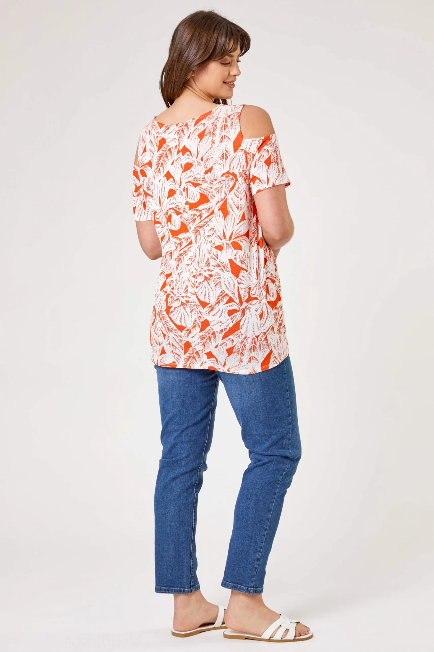 Roman Orange Curve Leaf Print Cold Shoulder Jersey Top 4 Roman Orange Curve Leaf Print Cold Shoulder Jersey Top - Image 2