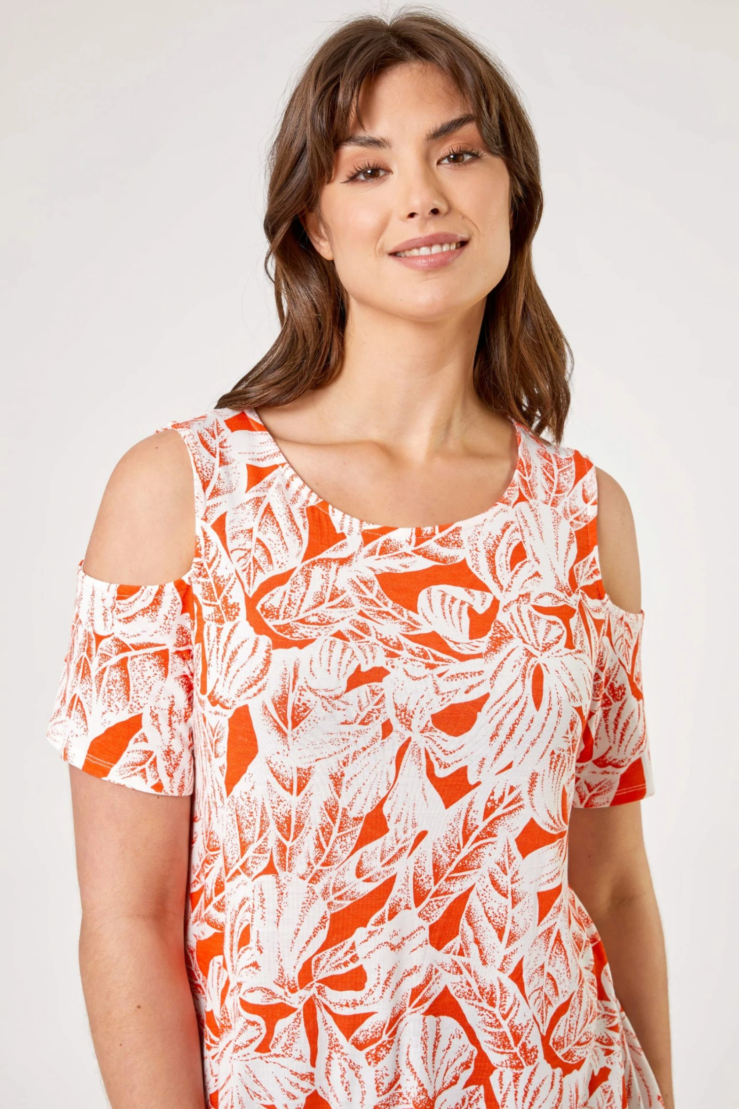 Roman Orange Curve Leaf Print Cold Shoulder Jersey Top 5 Roman Orange Curve Leaf Print Cold Shoulder Jersey Top - Image 3