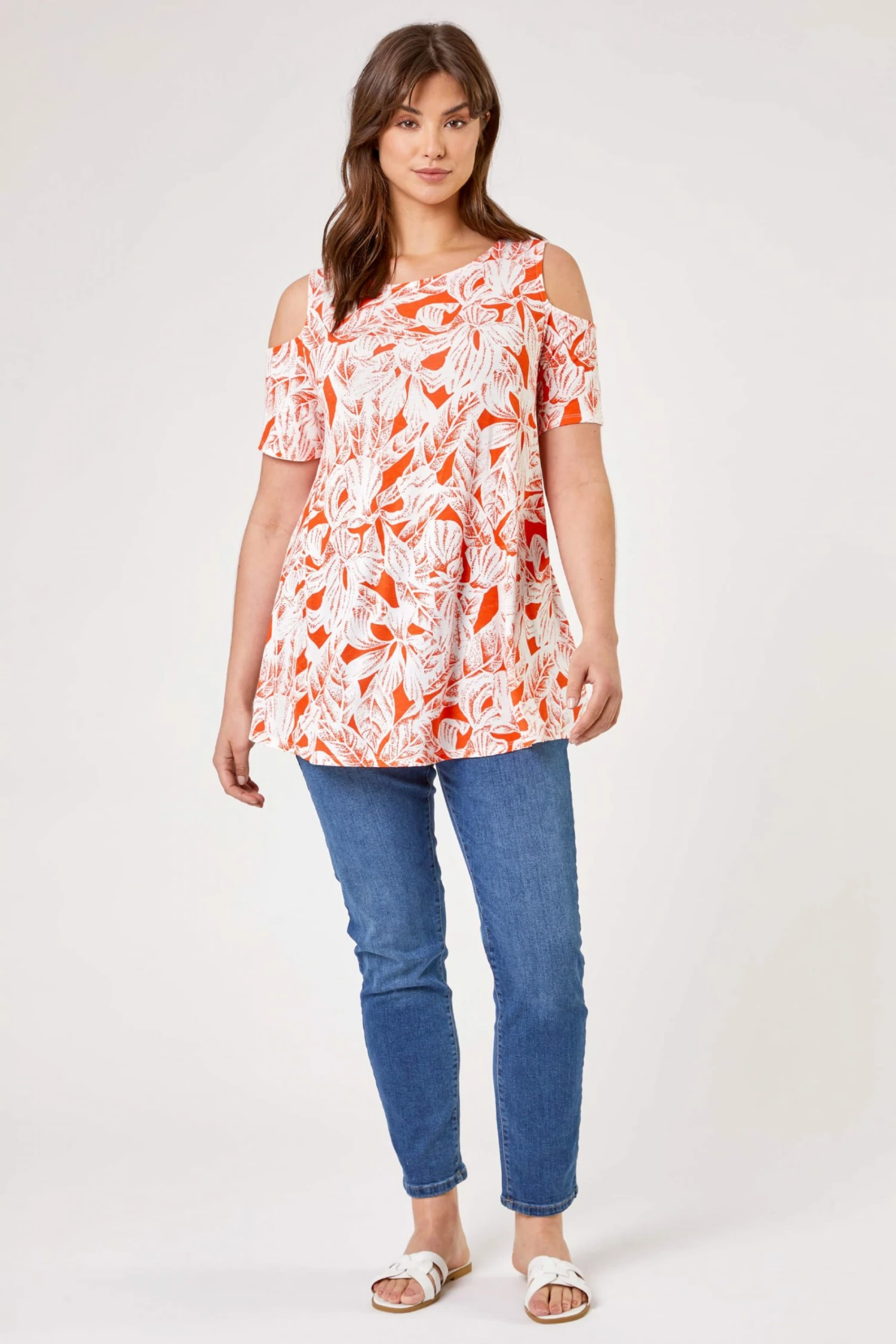 Roman Orange Curve Leaf Print Cold Shoulder Jersey Top 6 Roman Orange Curve Leaf Print Cold Shoulder Jersey Top - Image 4