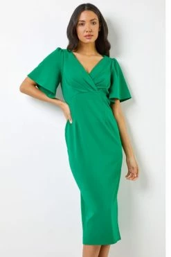 Roman Green Gathered Wrap Front Midi Dress -Roman Sales Shop unnamed file 701