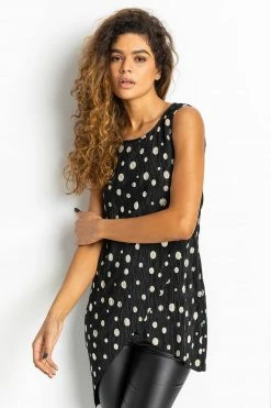 Roman Black Foil Print Plisse Asymmetric Top