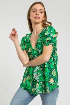 Roman Green Petite Floral Print Knot Detail Top