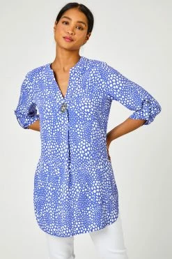 Roman Blue Longline Button Detail Abstract Spot Print Top