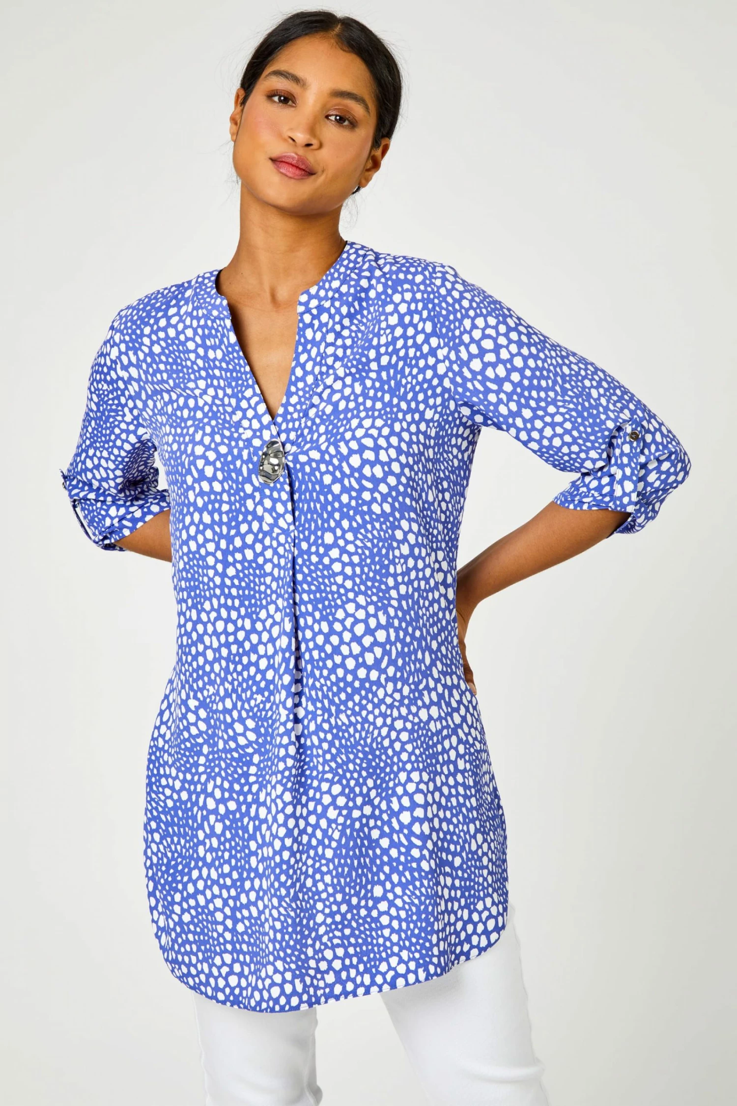 Roman Blue Longline Button Detail Abstract Spot Print Top 3 Roman Blue Longline Button Detail Abstract Spot Print Top