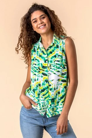 Roman Green Tropical Print Button Through Blouse 7 Roman Green Tropical Print Button Through Blouse - Image 5