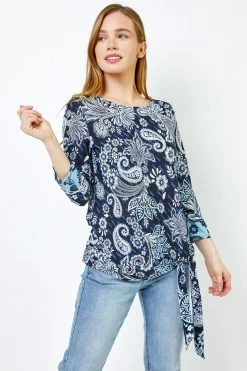 Roman Blue Petite Paisley Print Tie Side Top